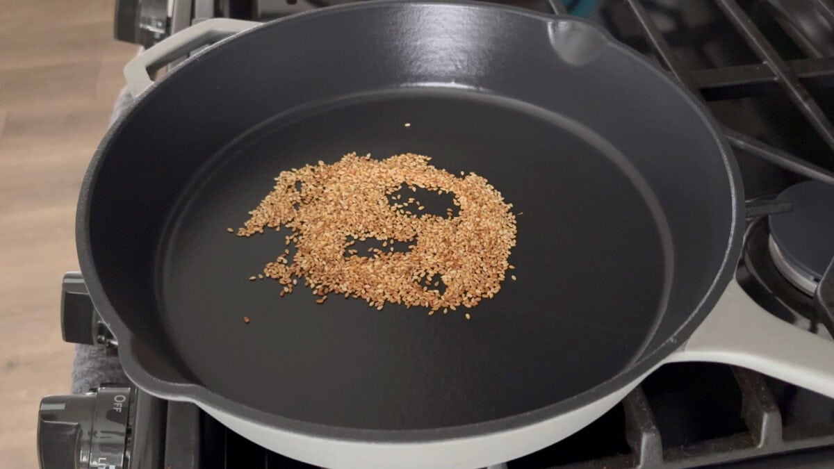A pan of toasted sesame seeds.