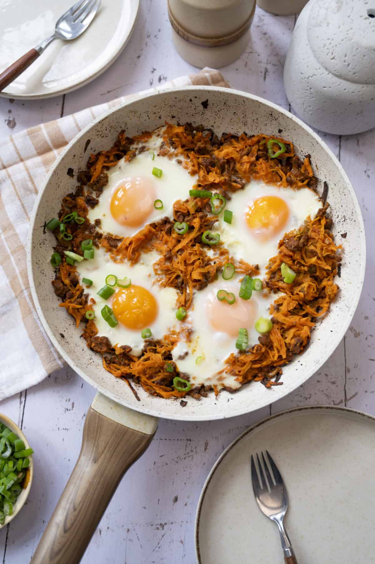 Baked eggs with chorizo and sweet potato.