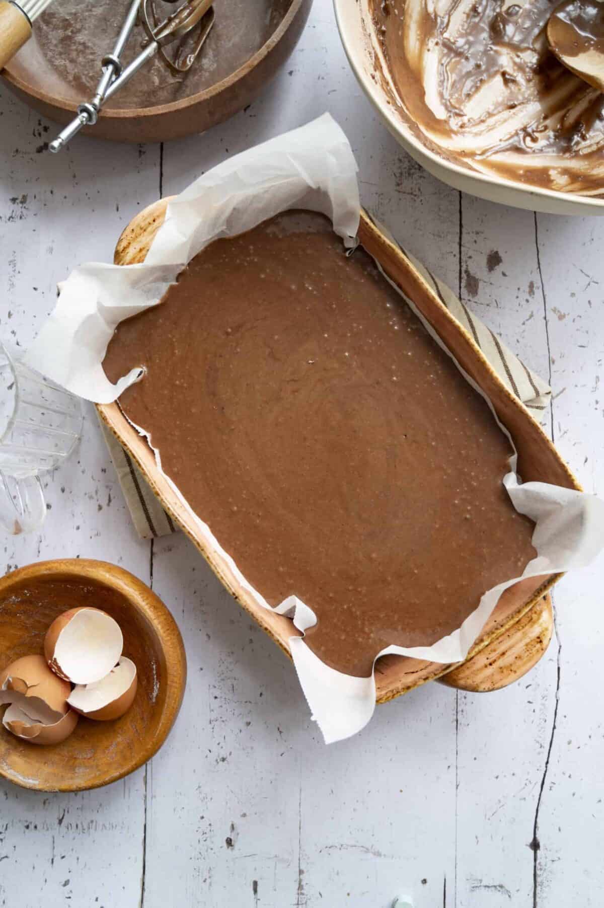 Cake batter poured in pan.