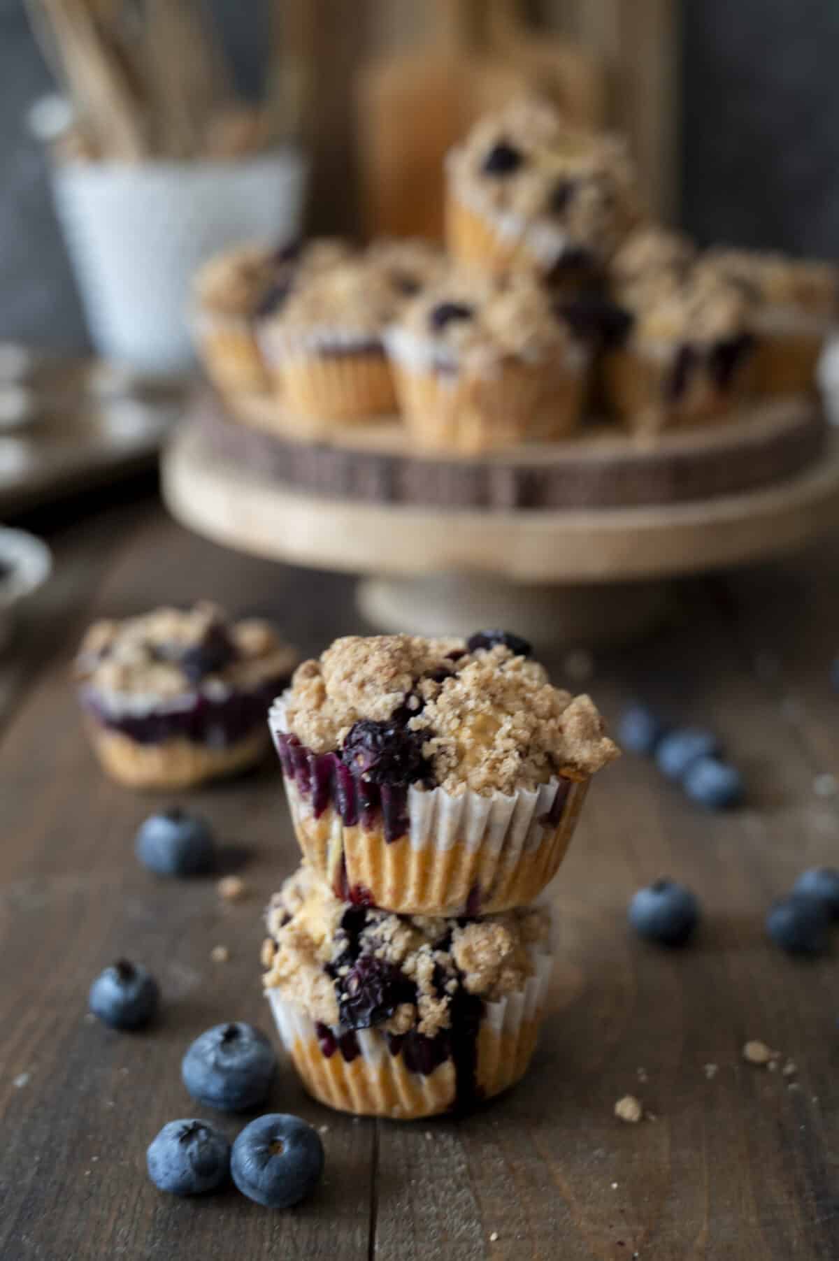 A stack of blueberry buttermilk muffins.