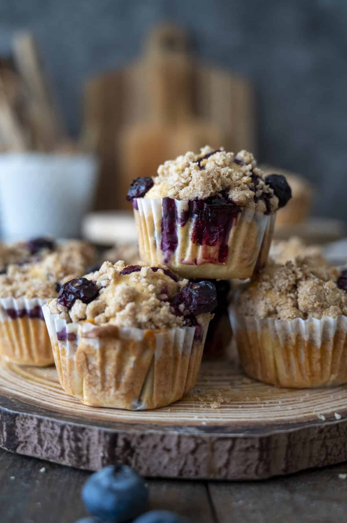 A tray of blueberry buttermilk muffins with streusel topping.