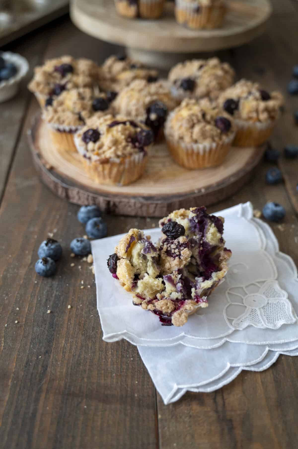 The interior of a blueberry muffin.