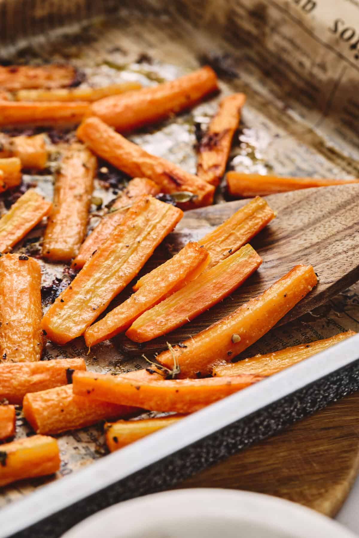 A pan of roasted carrots.