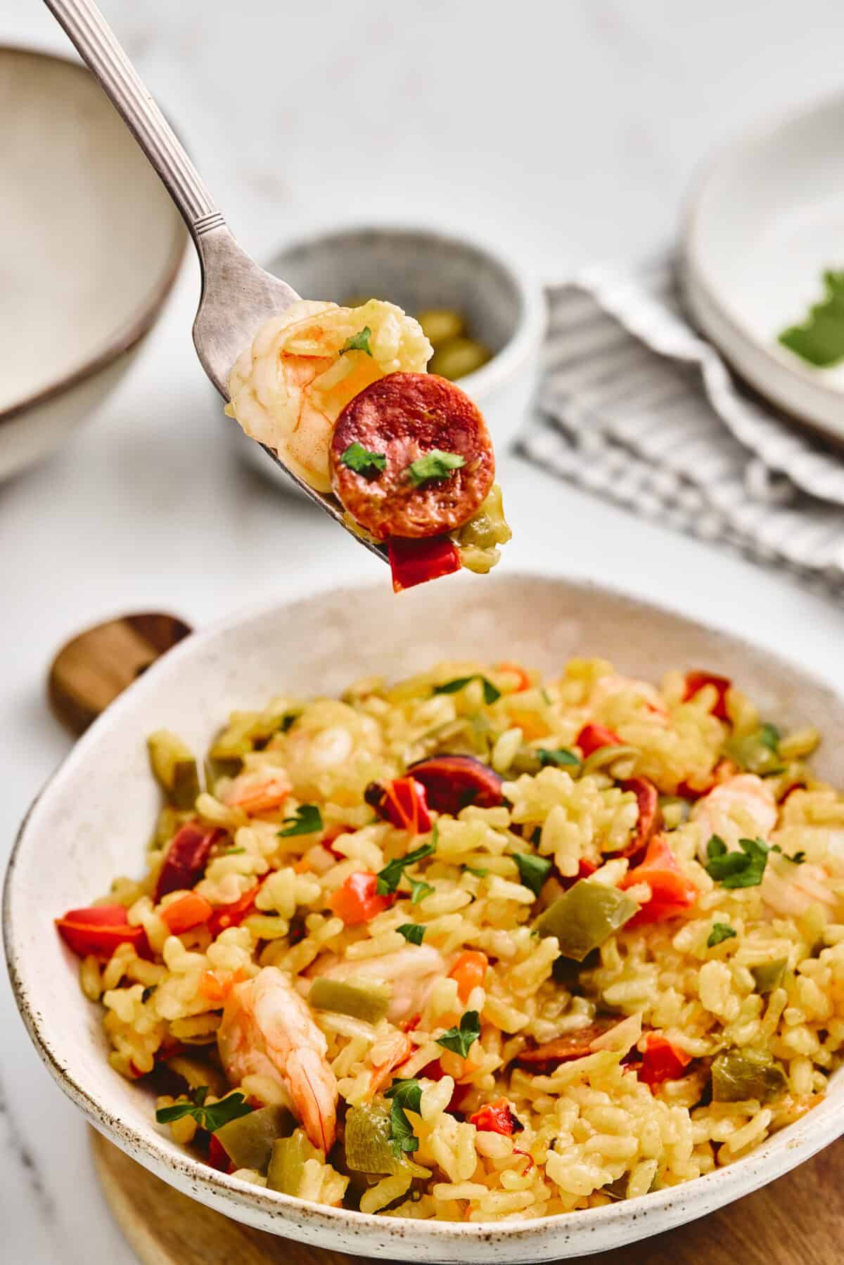 A bowl of easy shrimp paella.