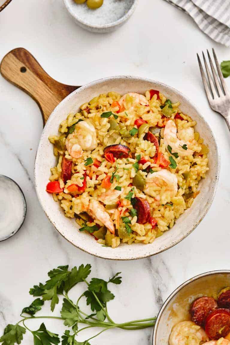 A big bowl of shrimp paella.