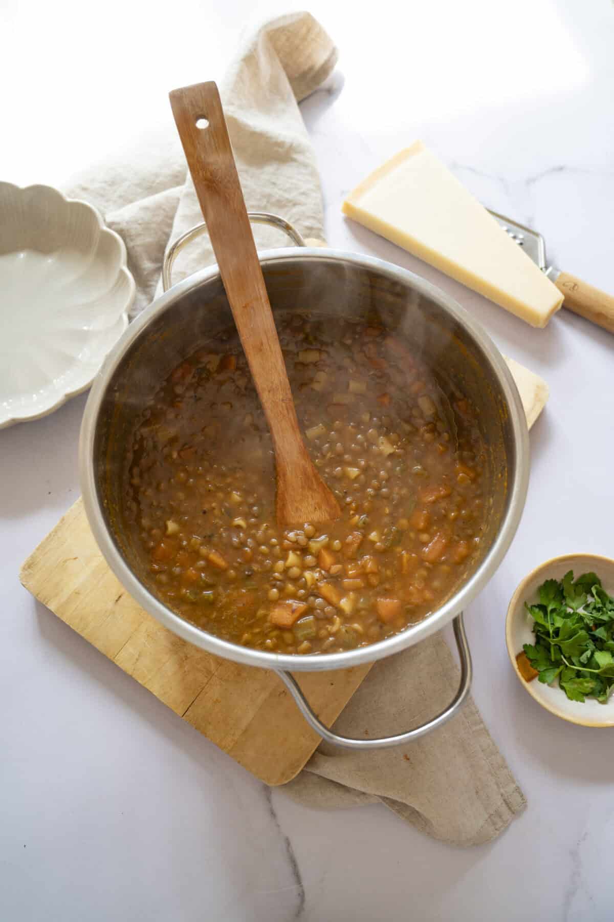 A pot of lentil and ditalini soup.