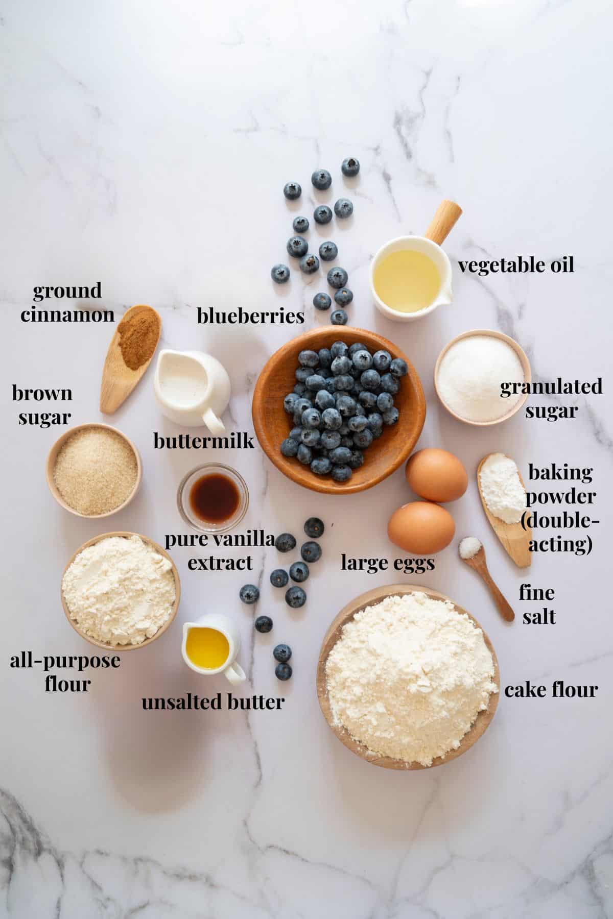 Ingredient images for blueberry buttermilk muffins with streusel topping.