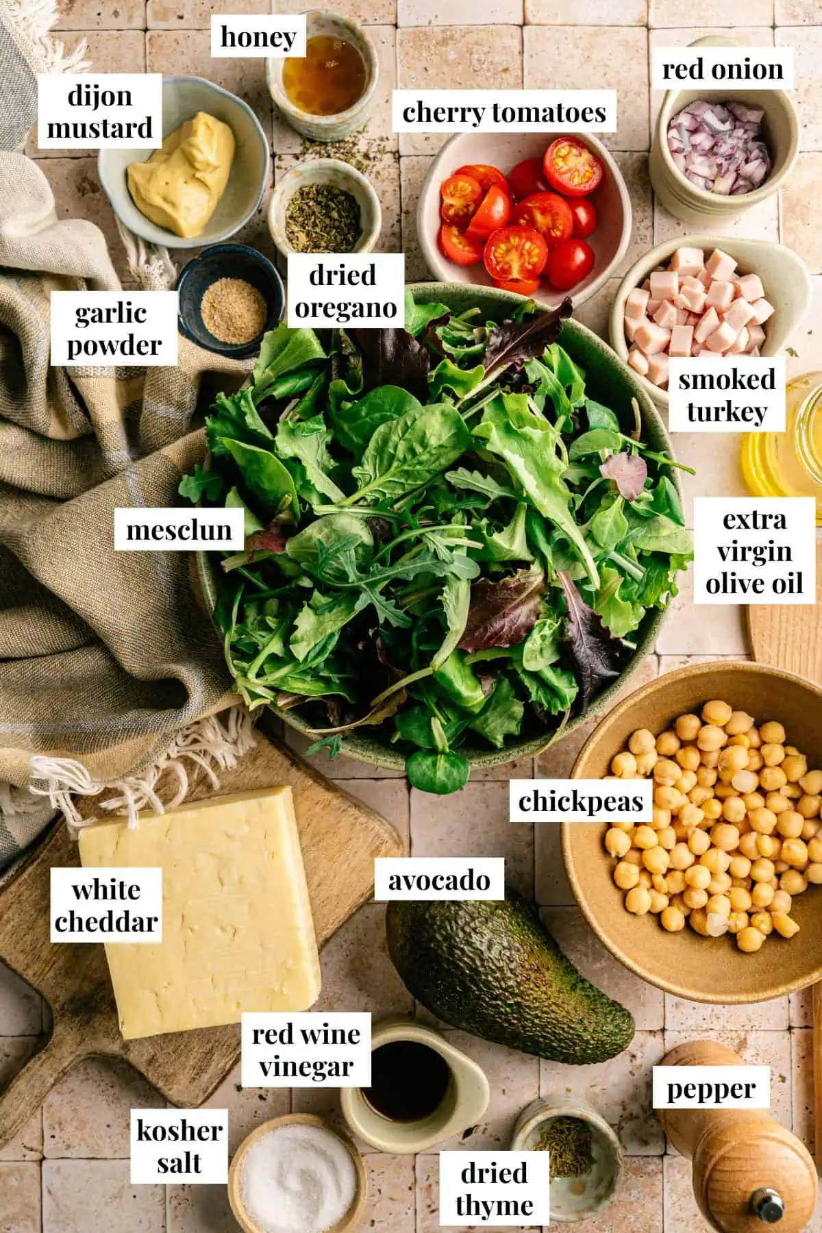 Ingredient images for crisp salad with smoked turkey and cheddar.