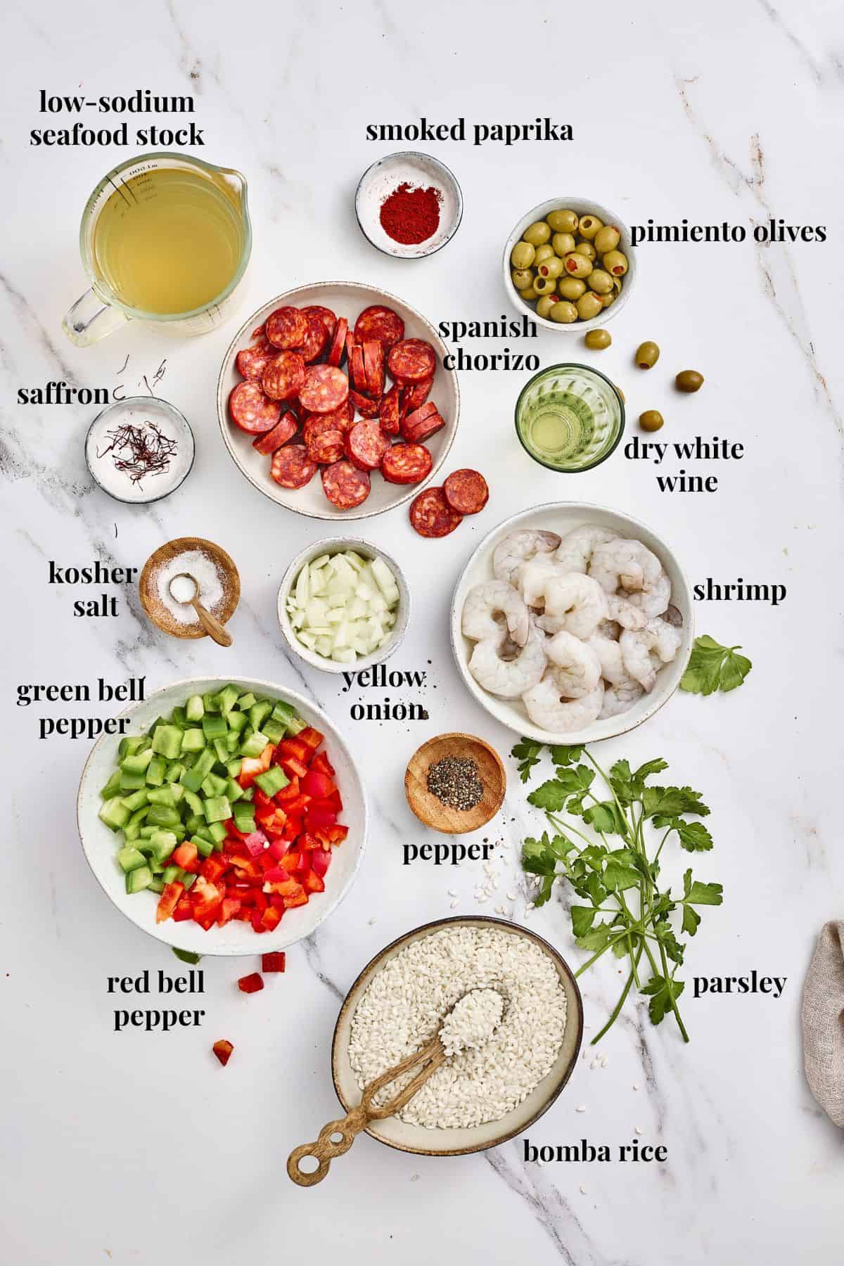 Ingredient images for an easy shrimp paella recipe.