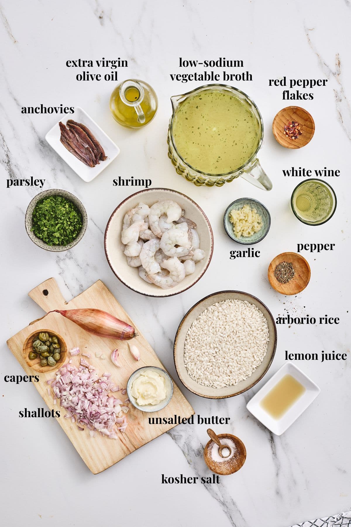 Ingredient images for Italian salsa verde shrimp and rice.