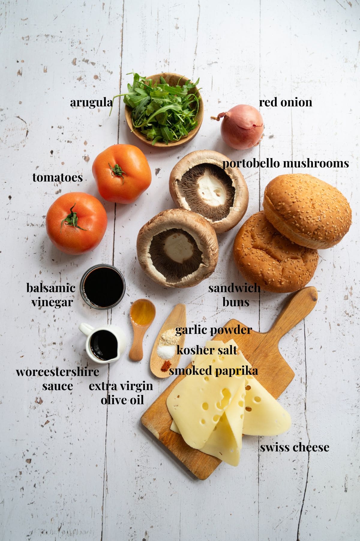 Ingredient images for marinated portobello mushroom burger.