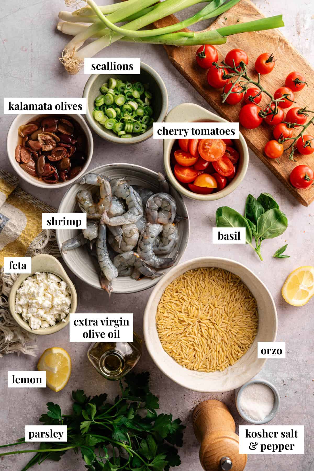 Ingredient images for Mediterranean shrimp orzo salad.