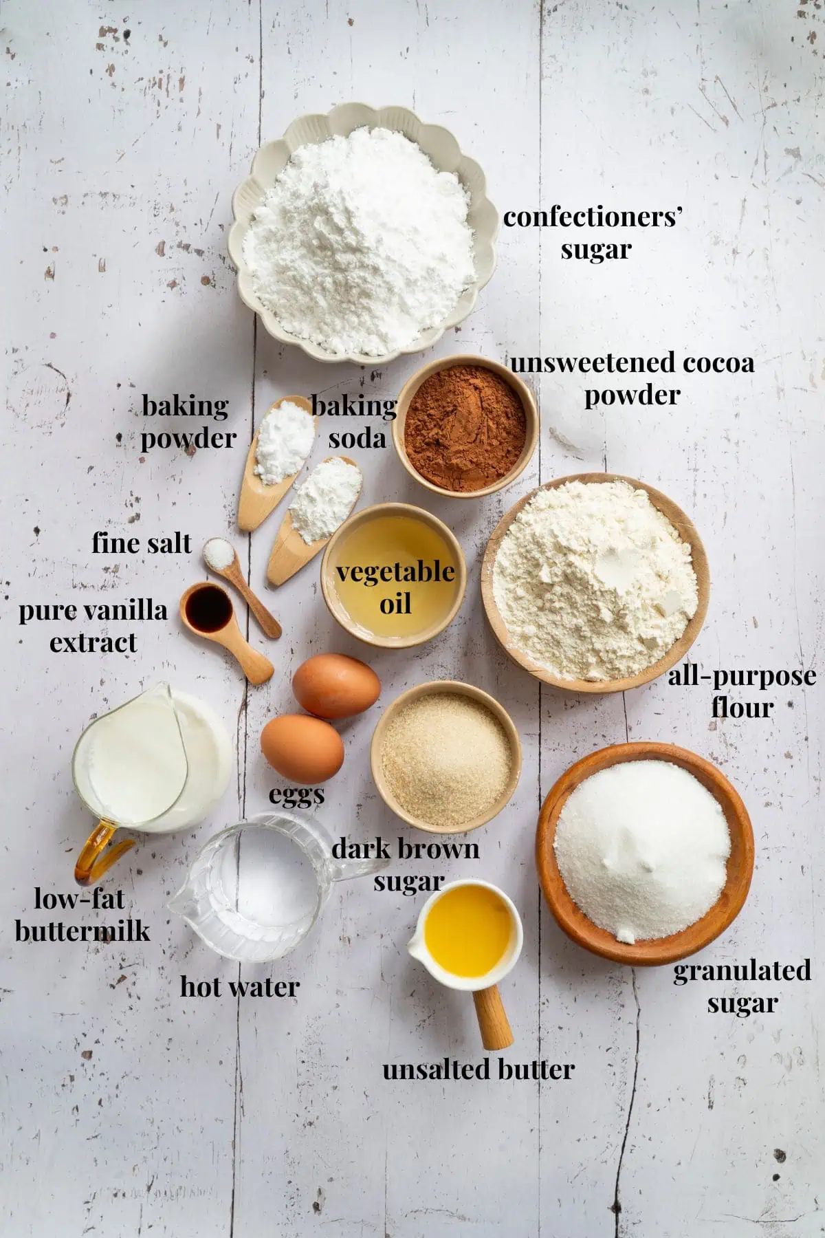 Ingredient images for moist buttermilk chocolate cake.
