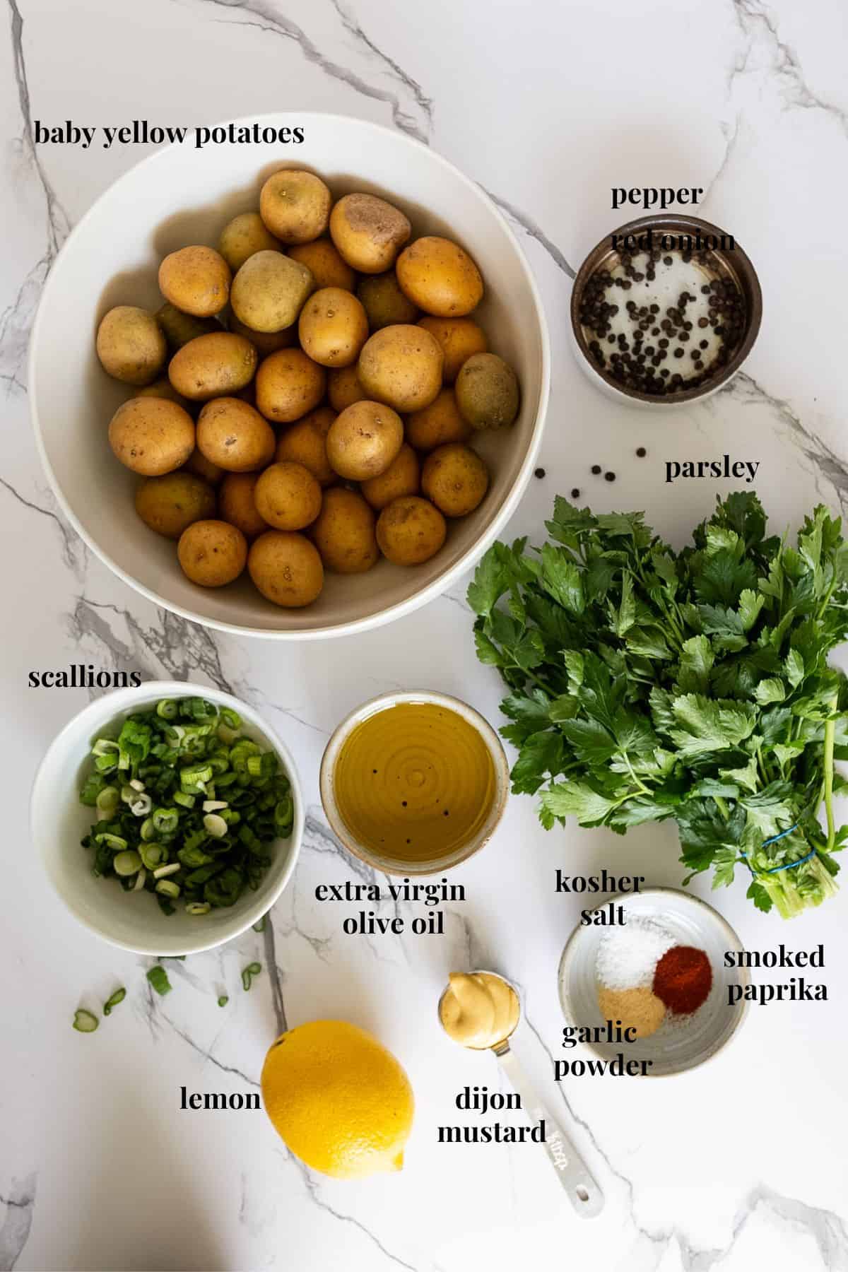 Ingredient images for no-mayo potato salad with herbs.