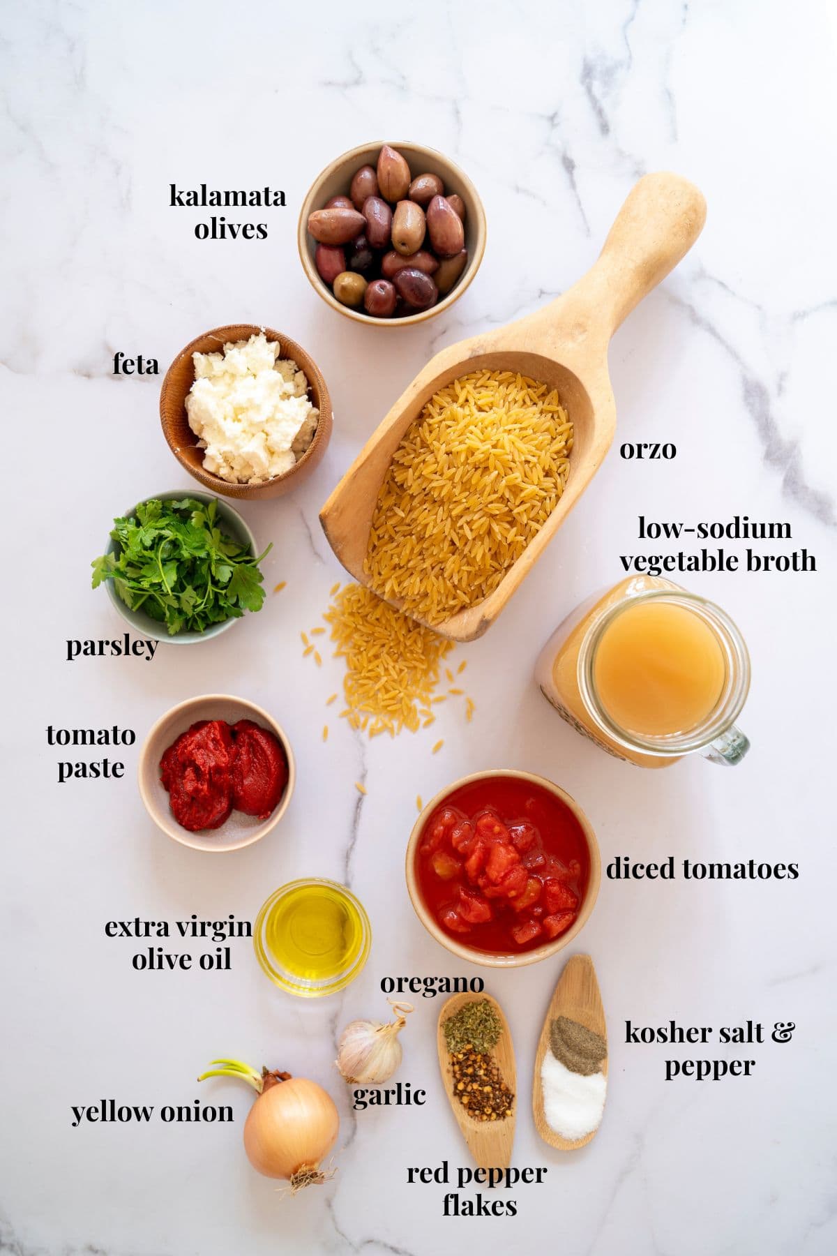 Ingredient images for one-pan Mediterranean orzo with feta.