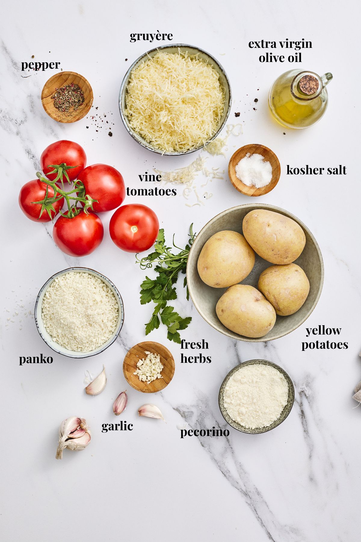 Ingredient images for potato-tomato bake with Gruyère.