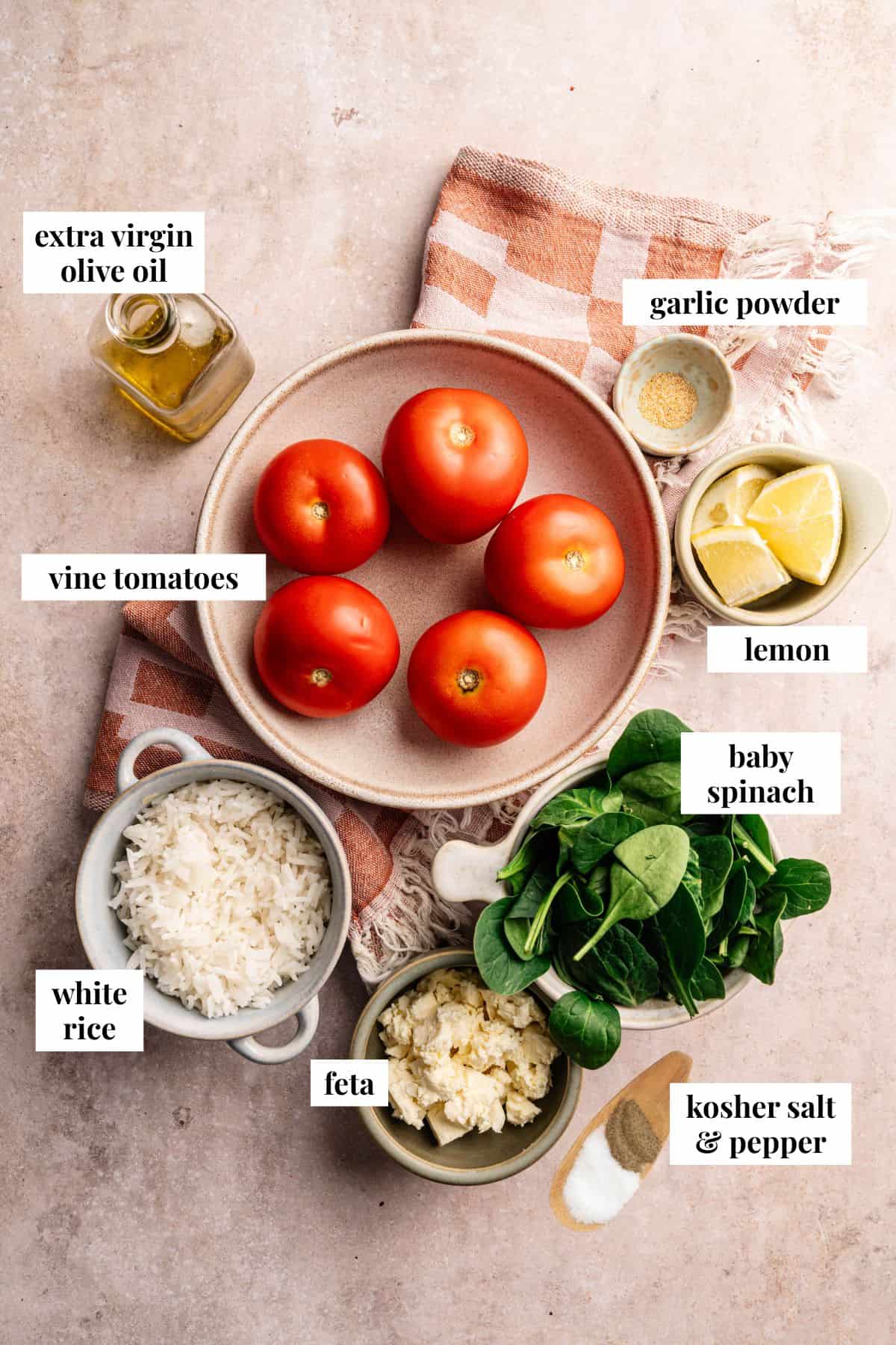 Ingredient images for vegetarian stuffed tomatoes with rice.