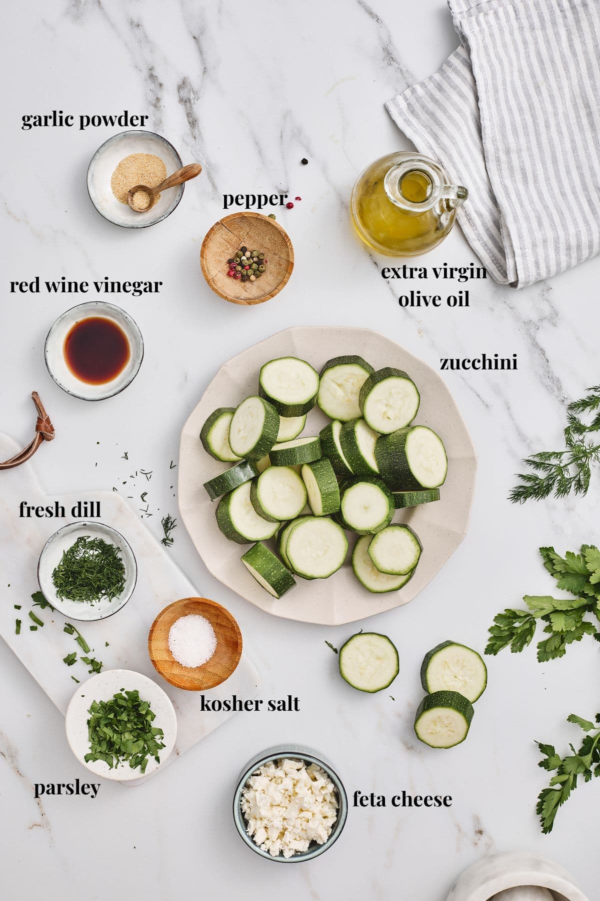 Ingredient images for zucchini with feta.