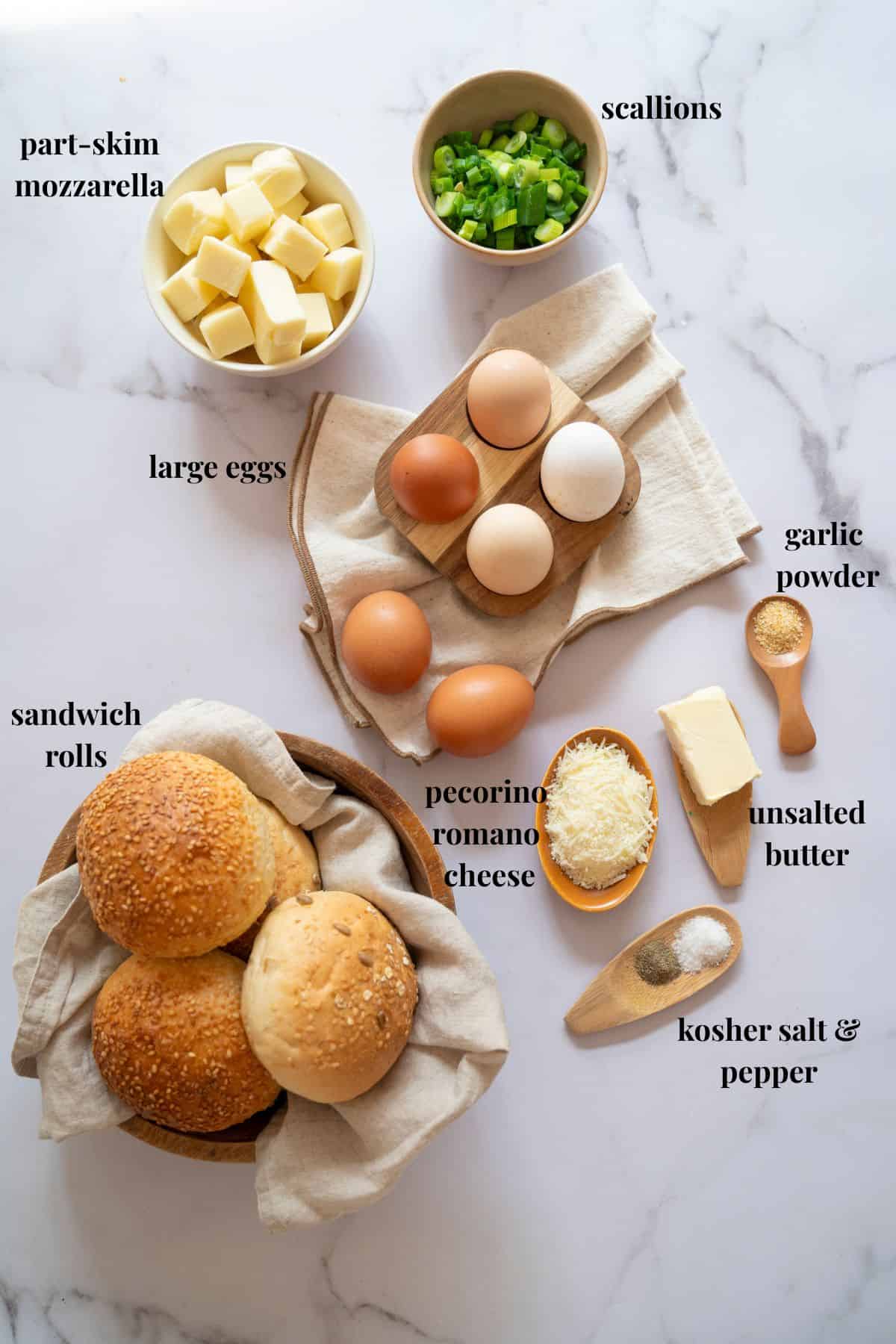 Ingredient images for eggs and mozzarella.