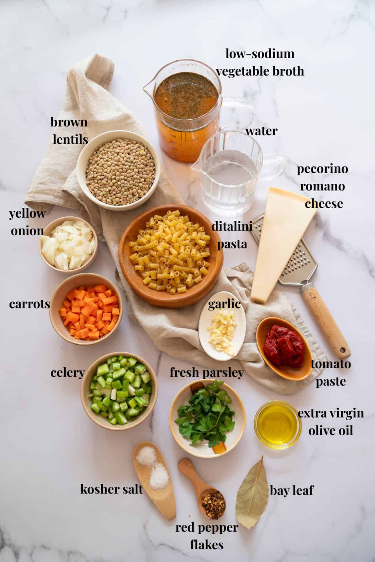 Ingredient images for lentil and ditalini soup.