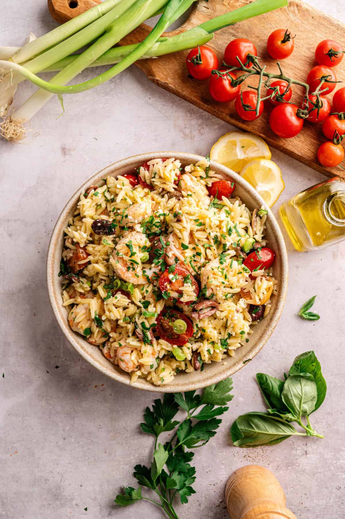 Shrimp orzo with tomatoes and feta.