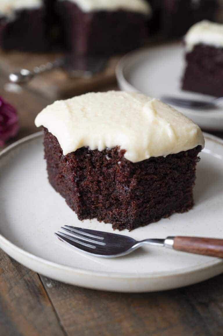 A moist piece of chocolate cake with buttermilk frosting.