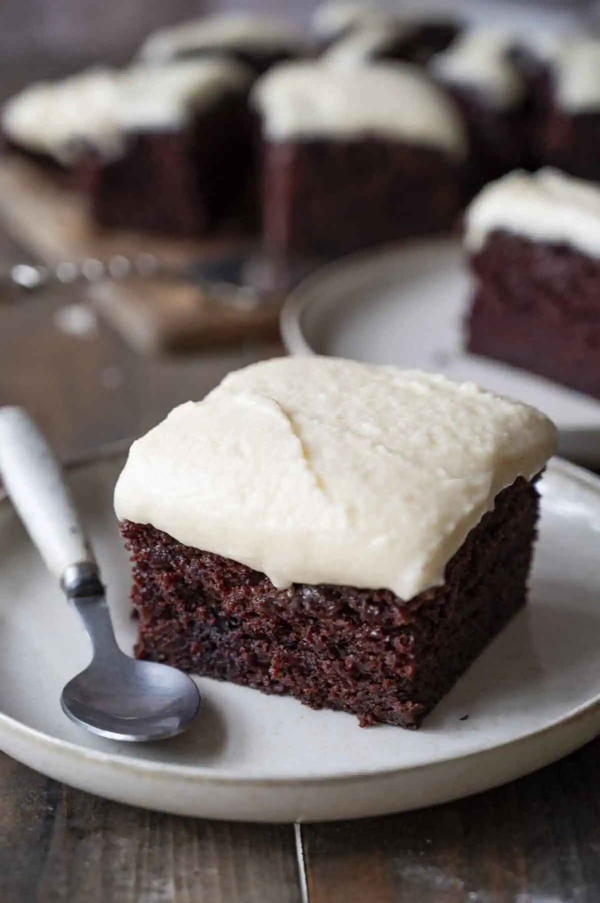 A slice of moist buttermilk chocolate cake.