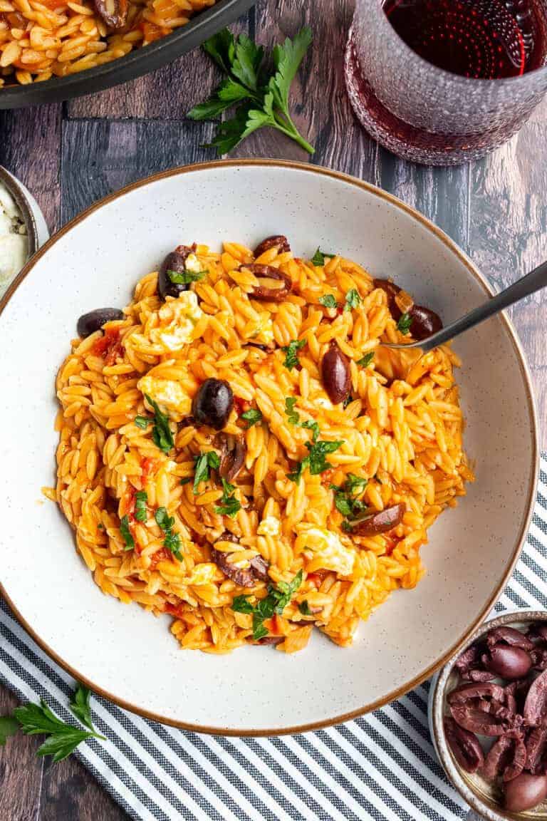 Orzo with olives, feta, and fire-roasted tomatoes.