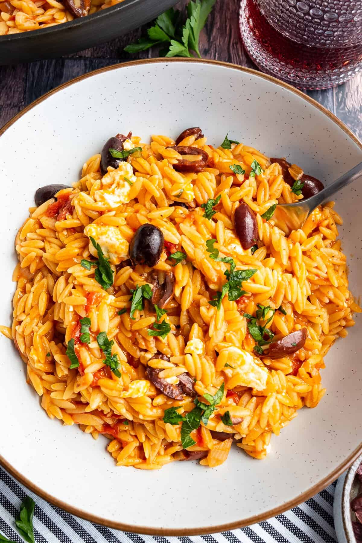 One-pan Mediterranean orzo with feta.