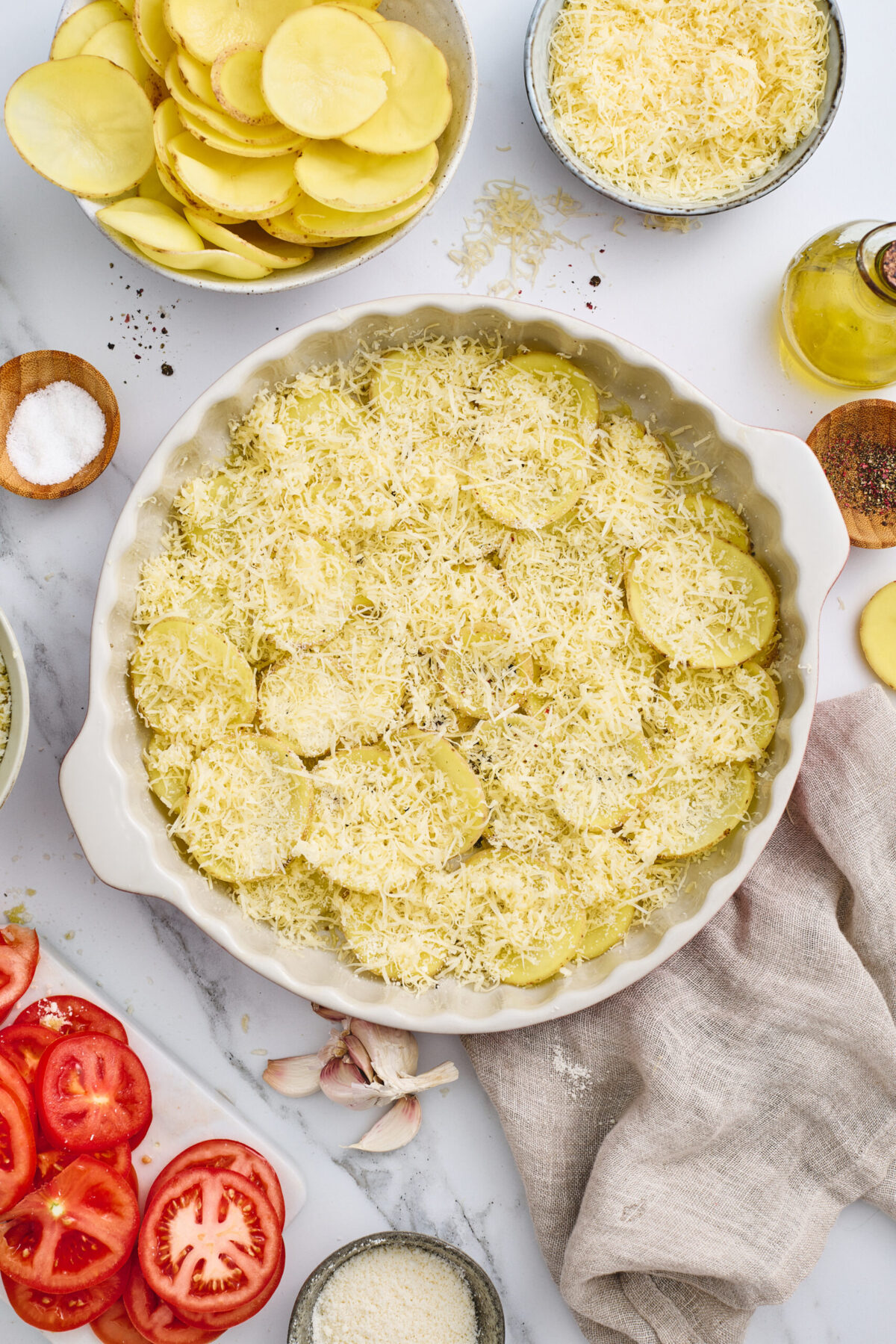 Layered potatoes with cheese.