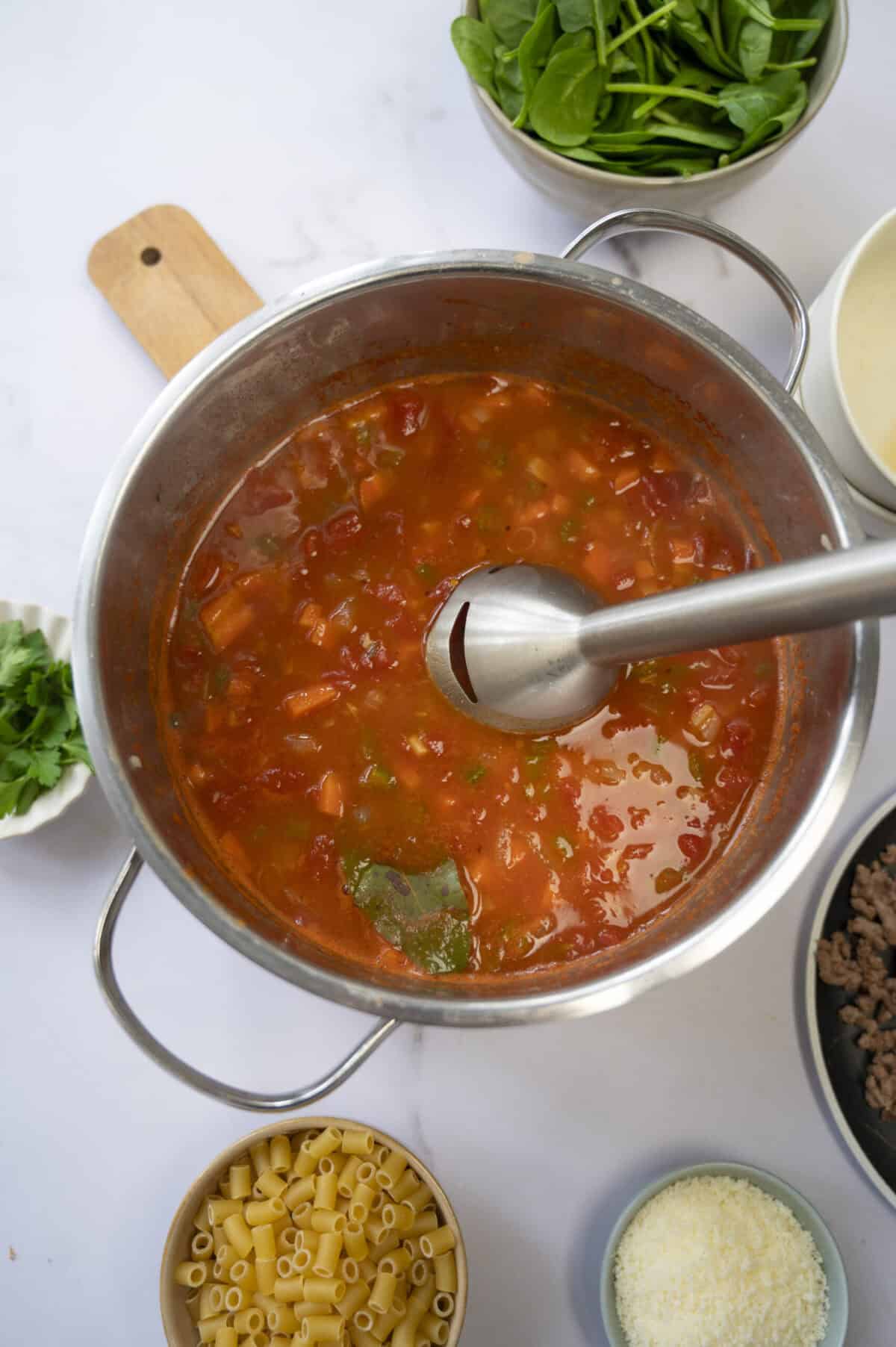 A pot of partially pureed beans.