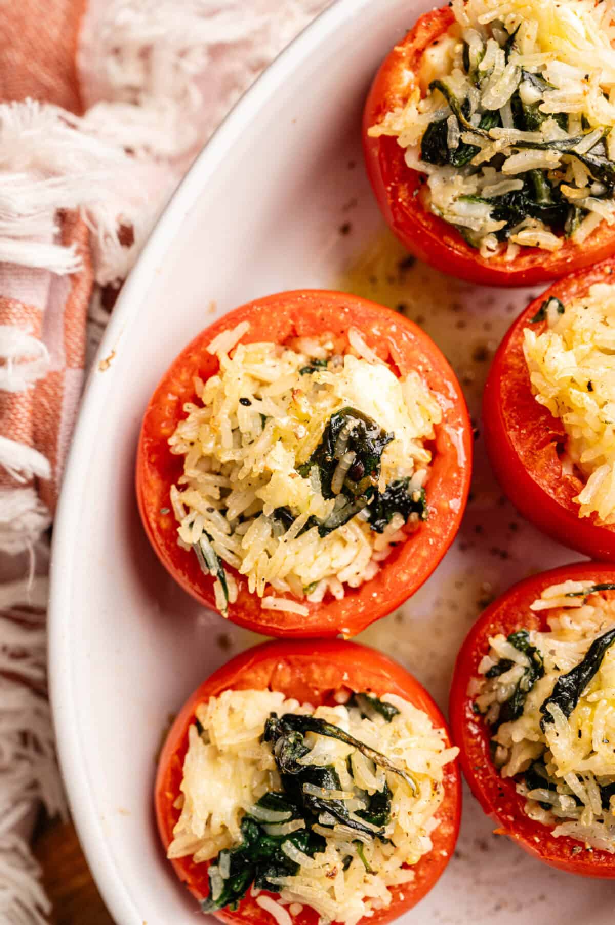 Vegetarian stuffed tomatoes with rice and feta.