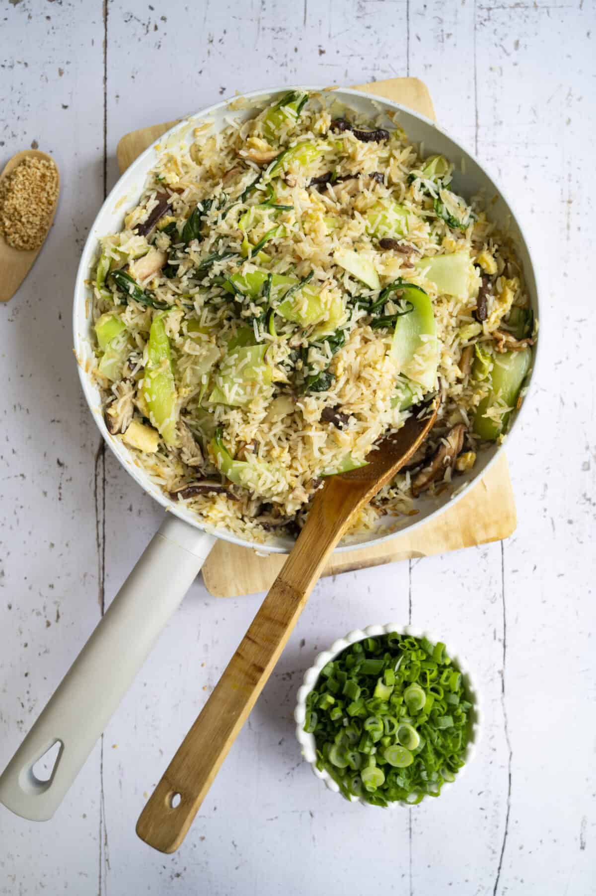 A pan of bok choy fried rice.