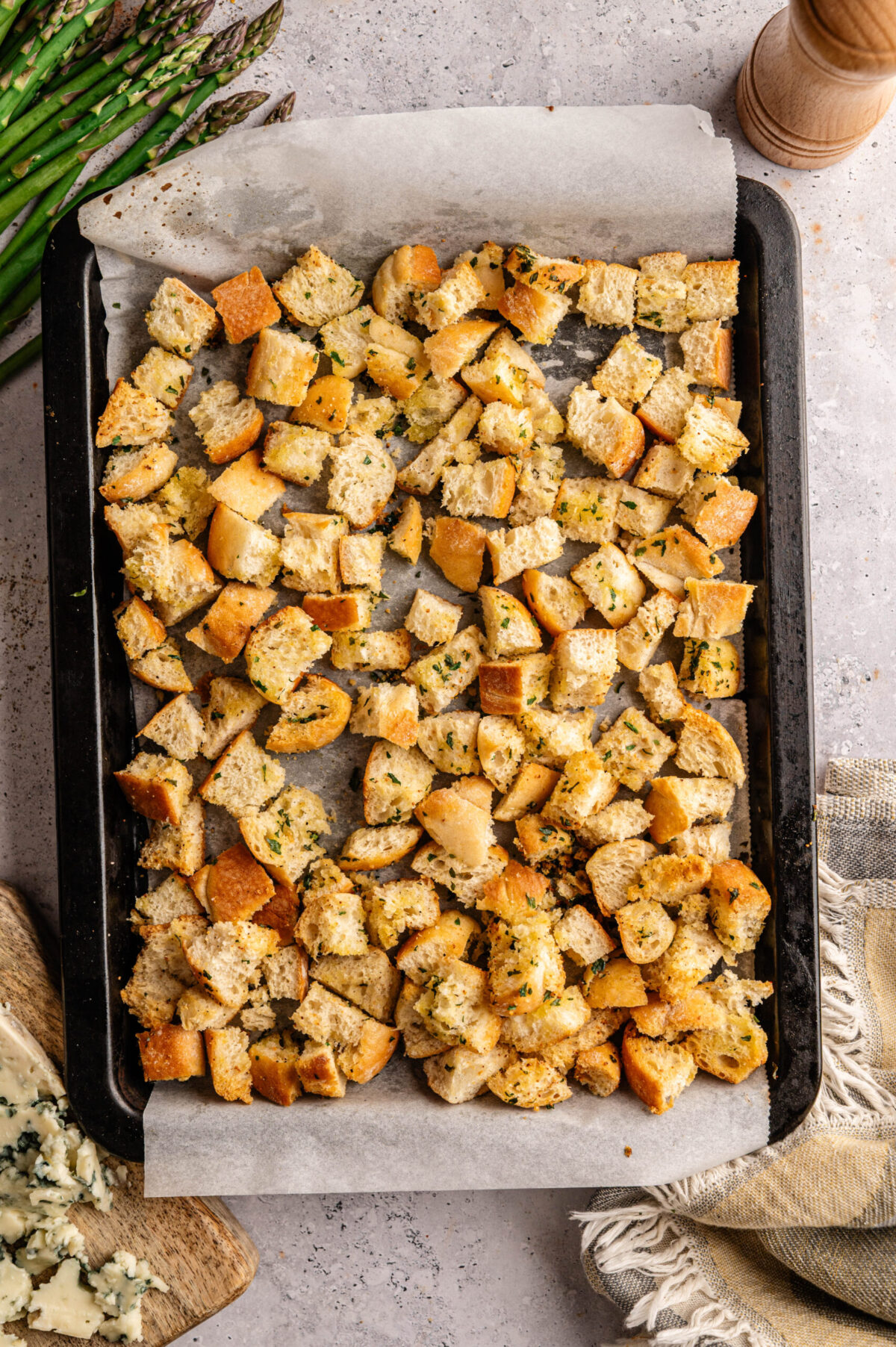 A sheet of toasted croutons.