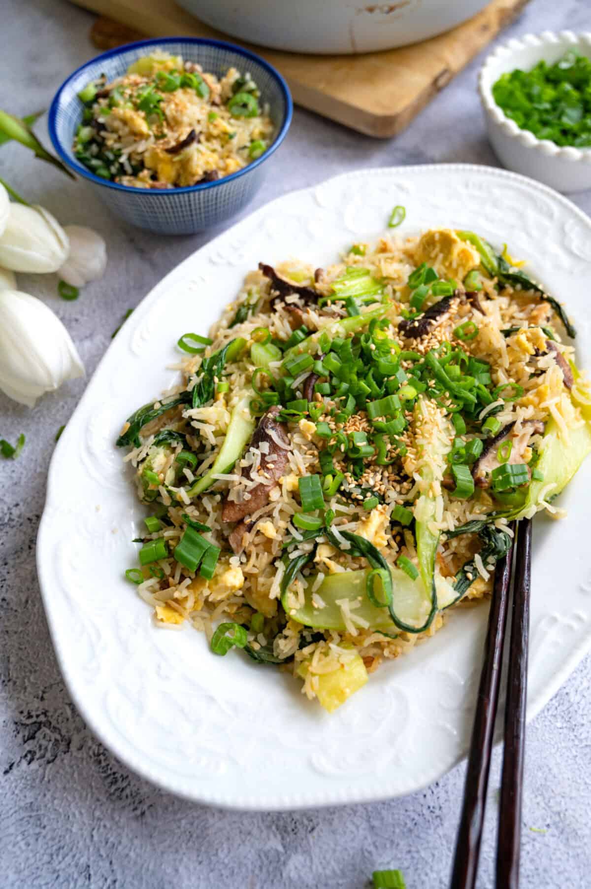 A serving platter of bok choy fried rice.