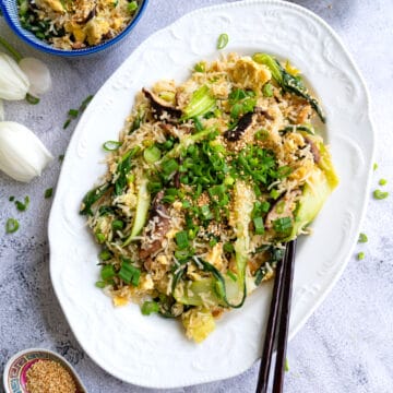 A platter of bok choy fried rice.