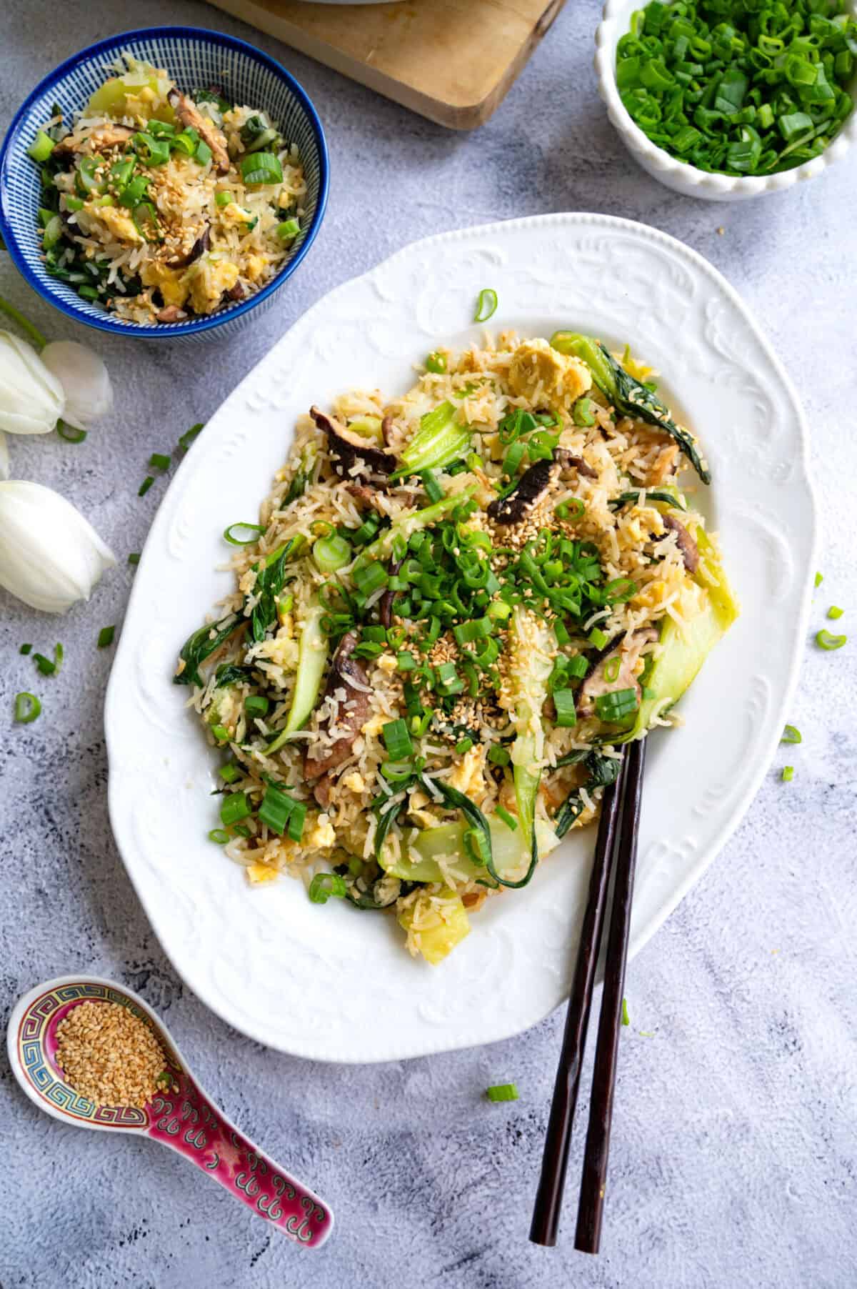 A platter of bok choy fried rice.