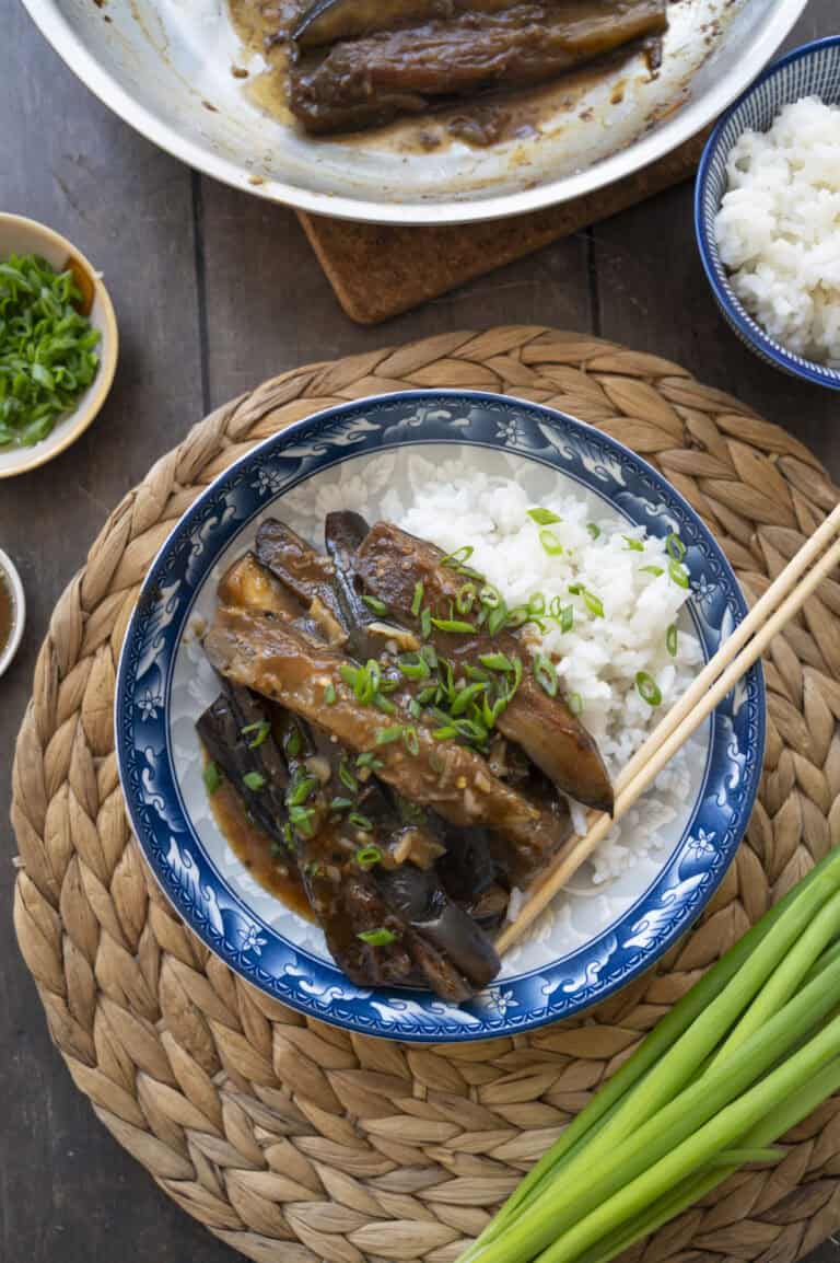 A plate of Chinese eggplant in garlic sauce.