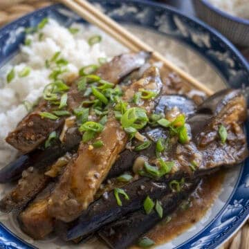 Stir-fried eggplant with garlic sauce and rice.