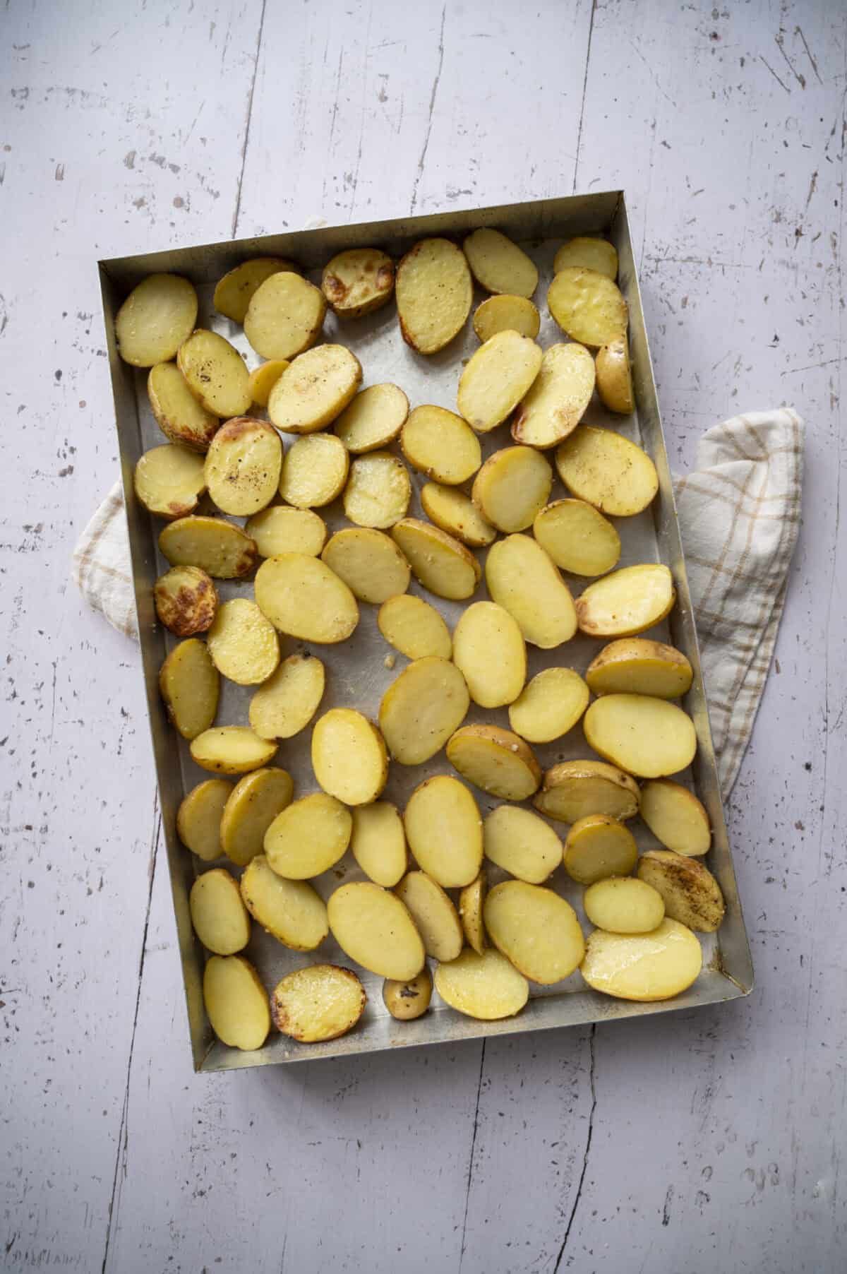 A pan of baked baby potatoes.