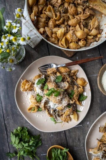 A plate of creamy portobello and porcini pasta.
