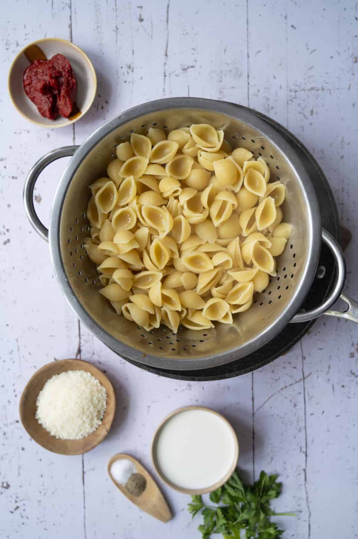 Drained pasta shells.
