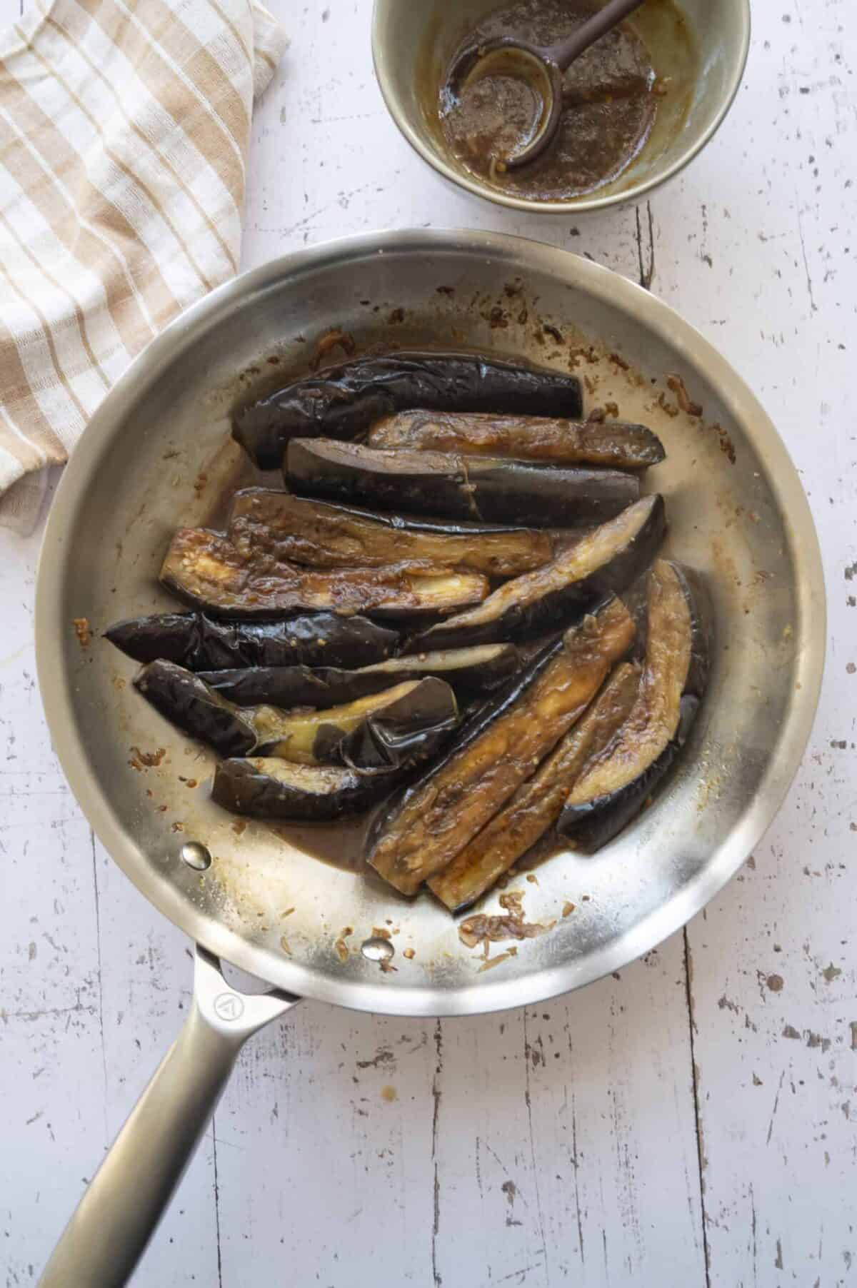A pan of Chinese eggplant in garlic sauce.