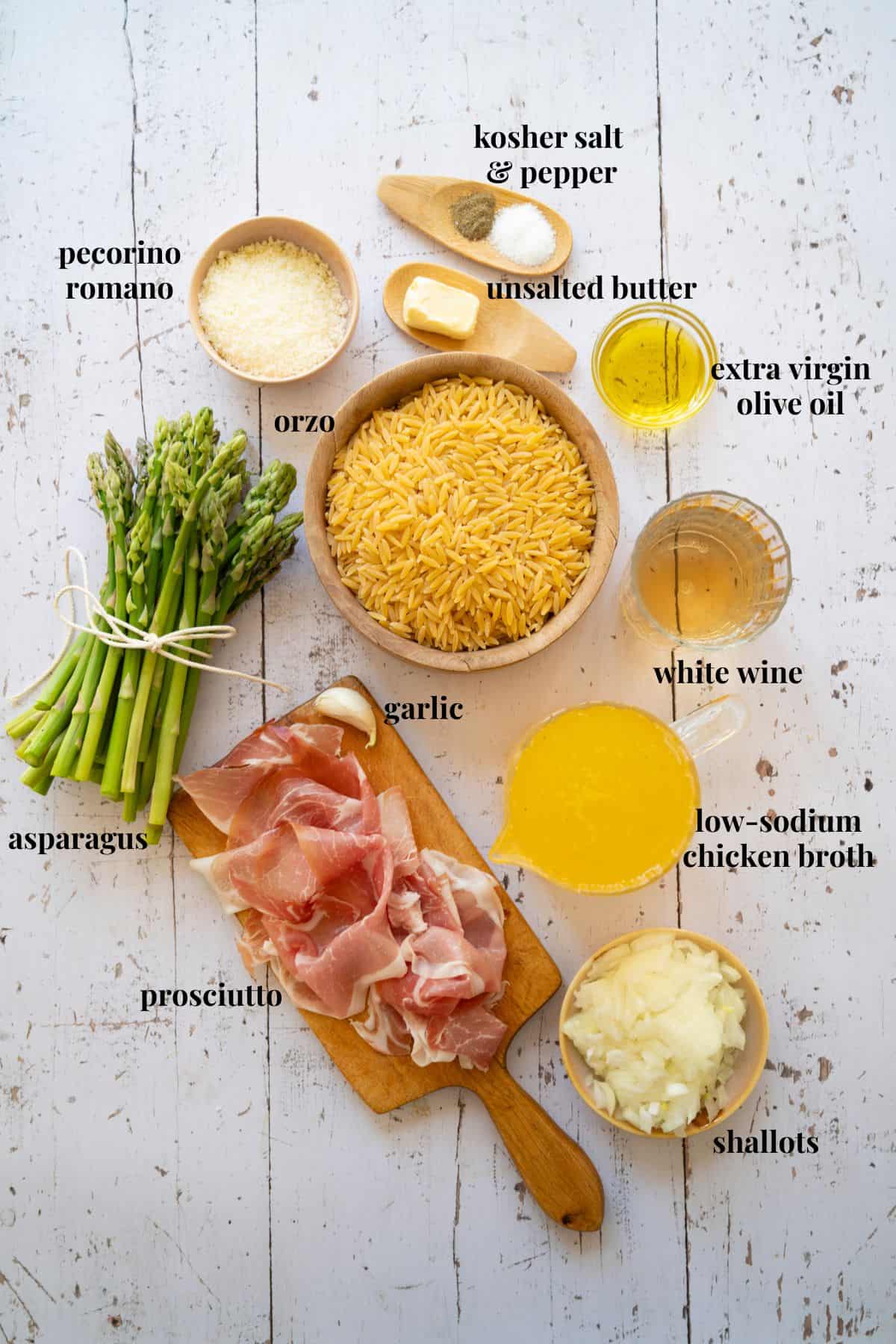 Ingredient images for asparagus orzo and prosciutto.