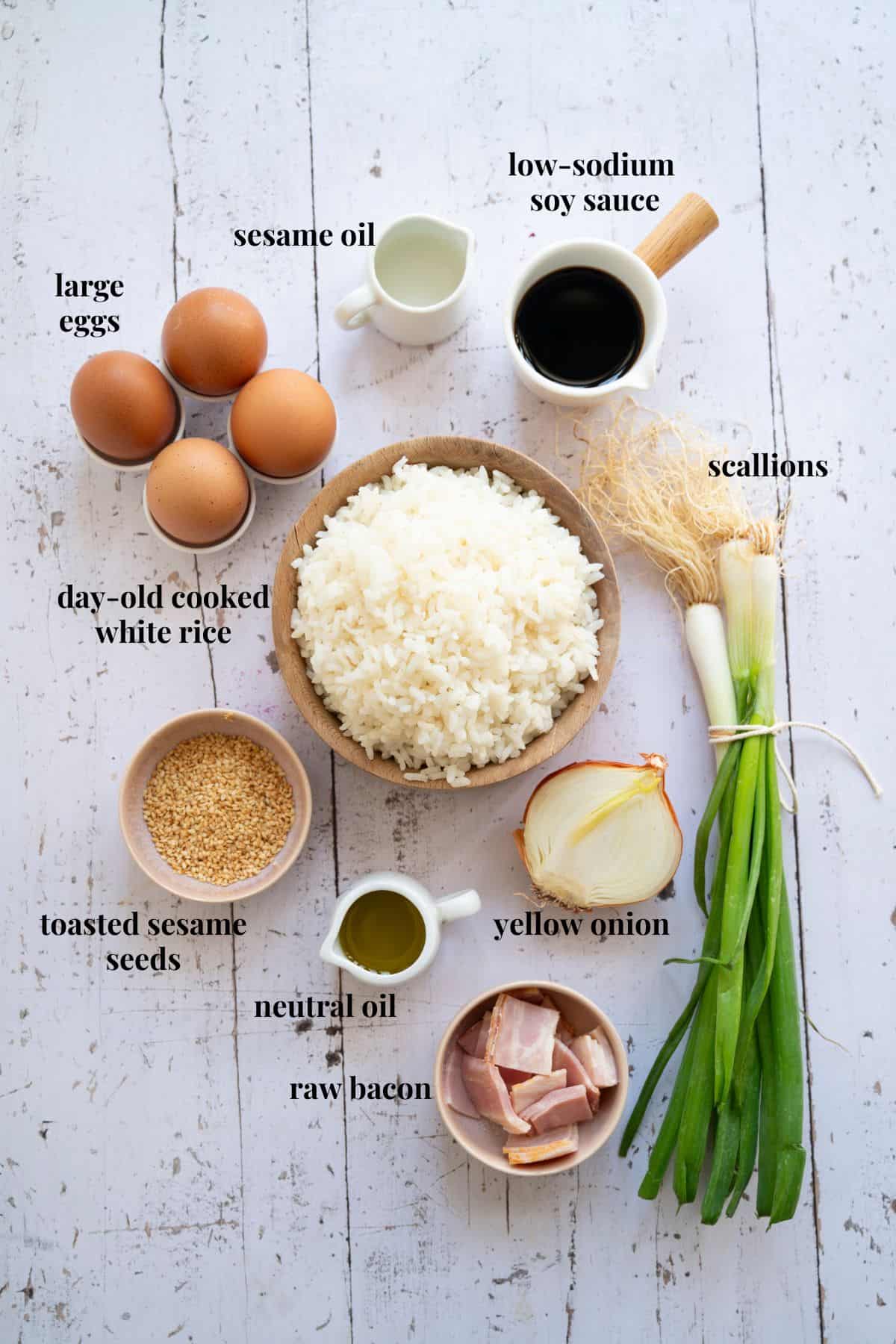 Ingredient images for bacon and egg fried rice.