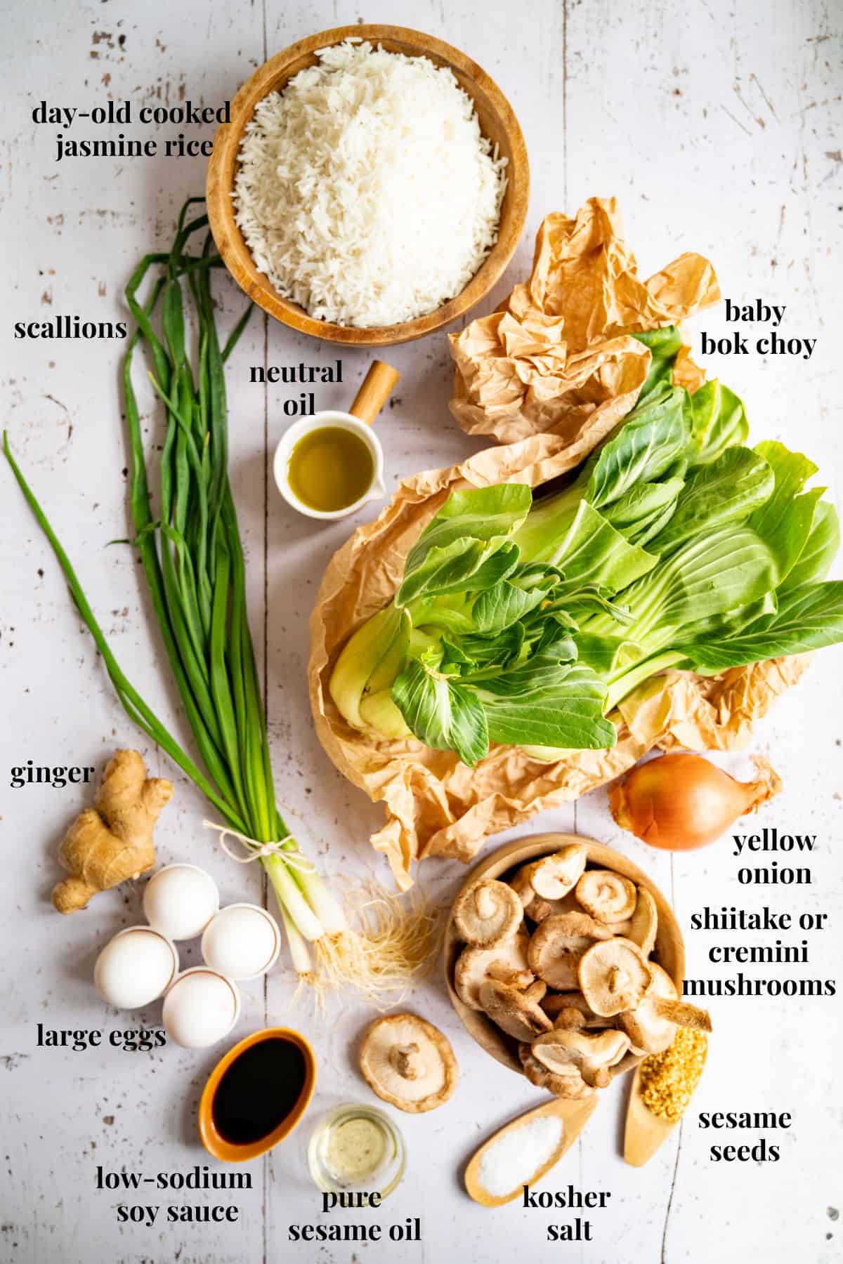 Ingredient images for bok choy fried rice.