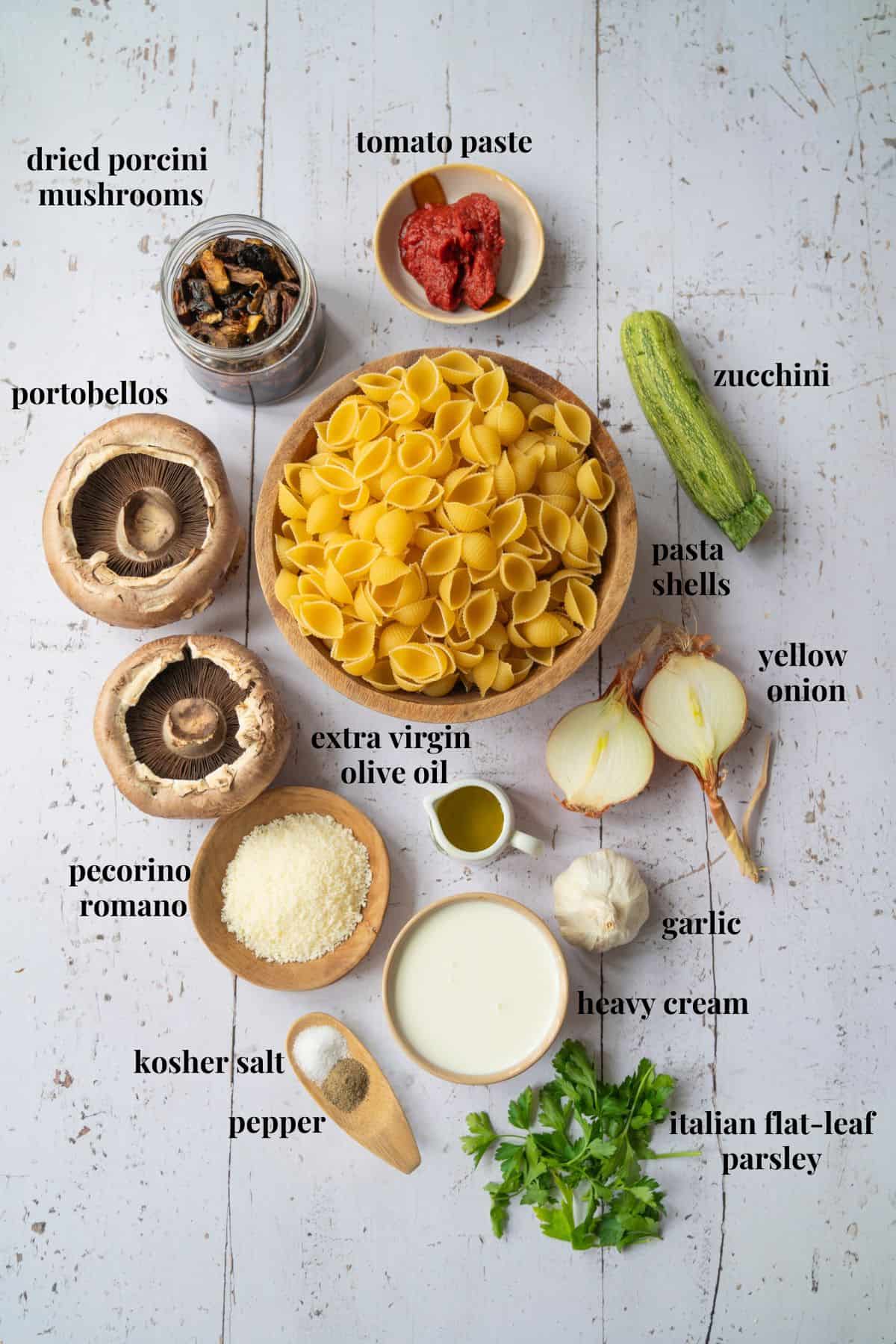 Ingredient images for creamy portobello and porcini mushroom pasta.