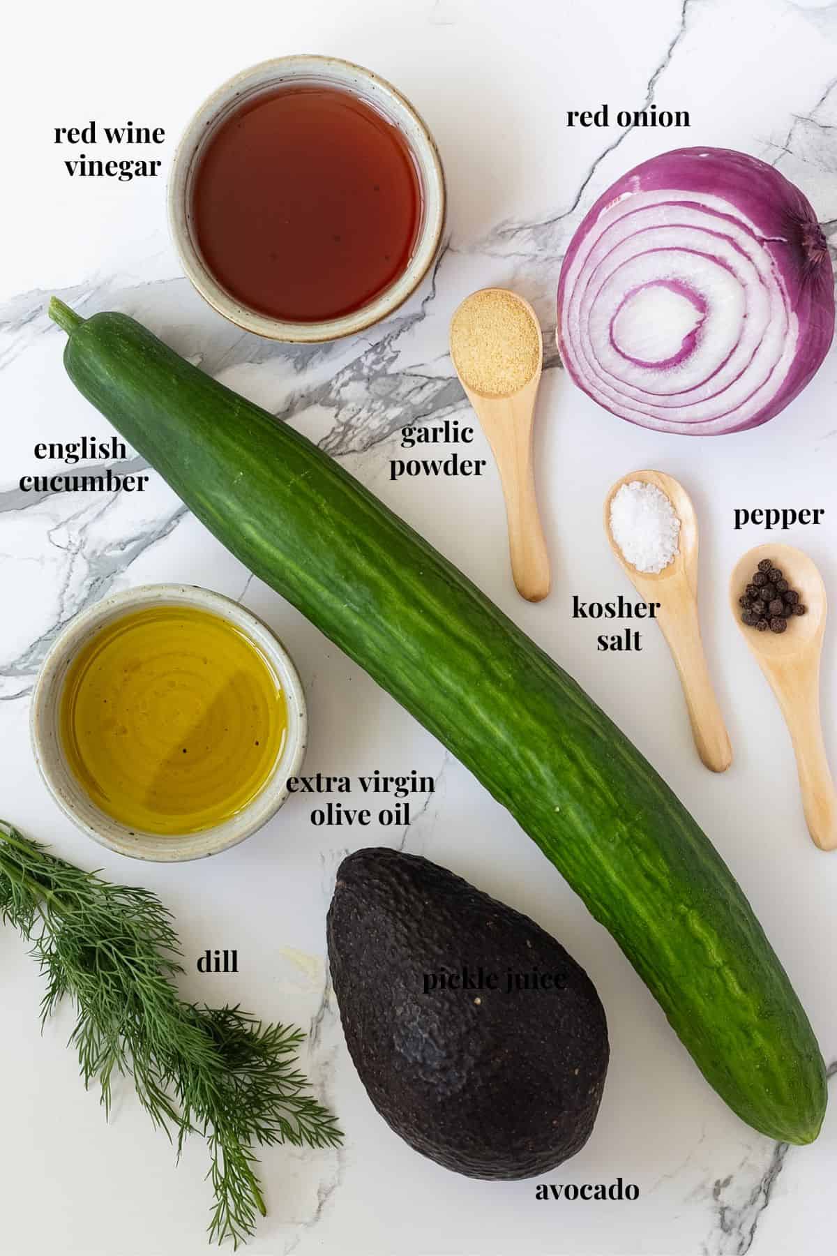 Ingredient images for dill cucumber salad with avocado.