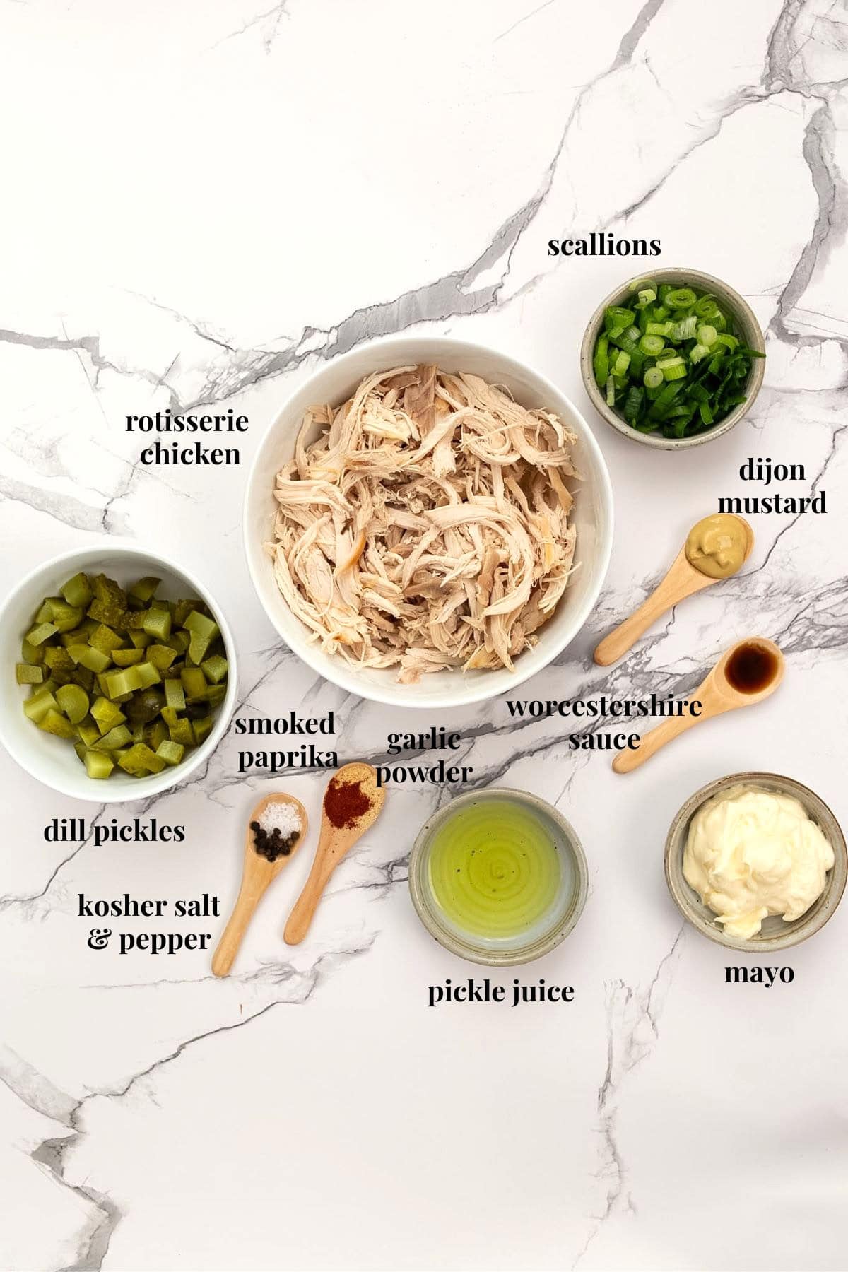 Ingredient images for rotisserie dill pickle chicken salad with mayo.