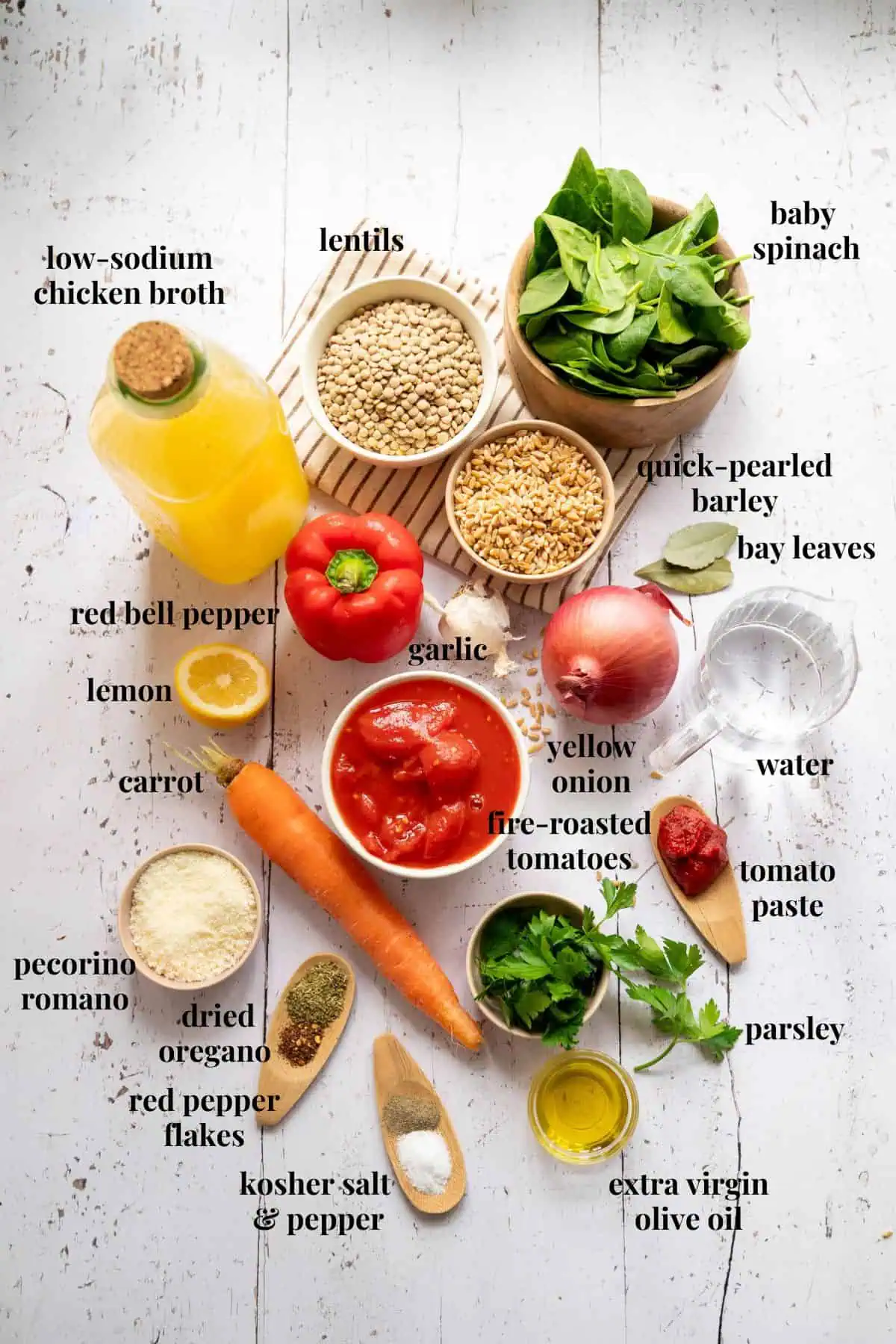 Ingredient images for lentil and barley soup with fire-roasted tomatoes.